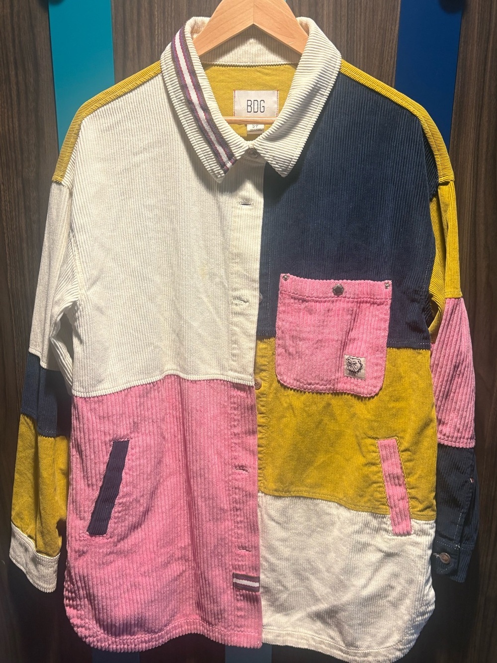 BDG Colorblock Corduroy Overshirt Jacket in Pink, Mustard, Navy & Cream SZ S - Picture 5 of 8